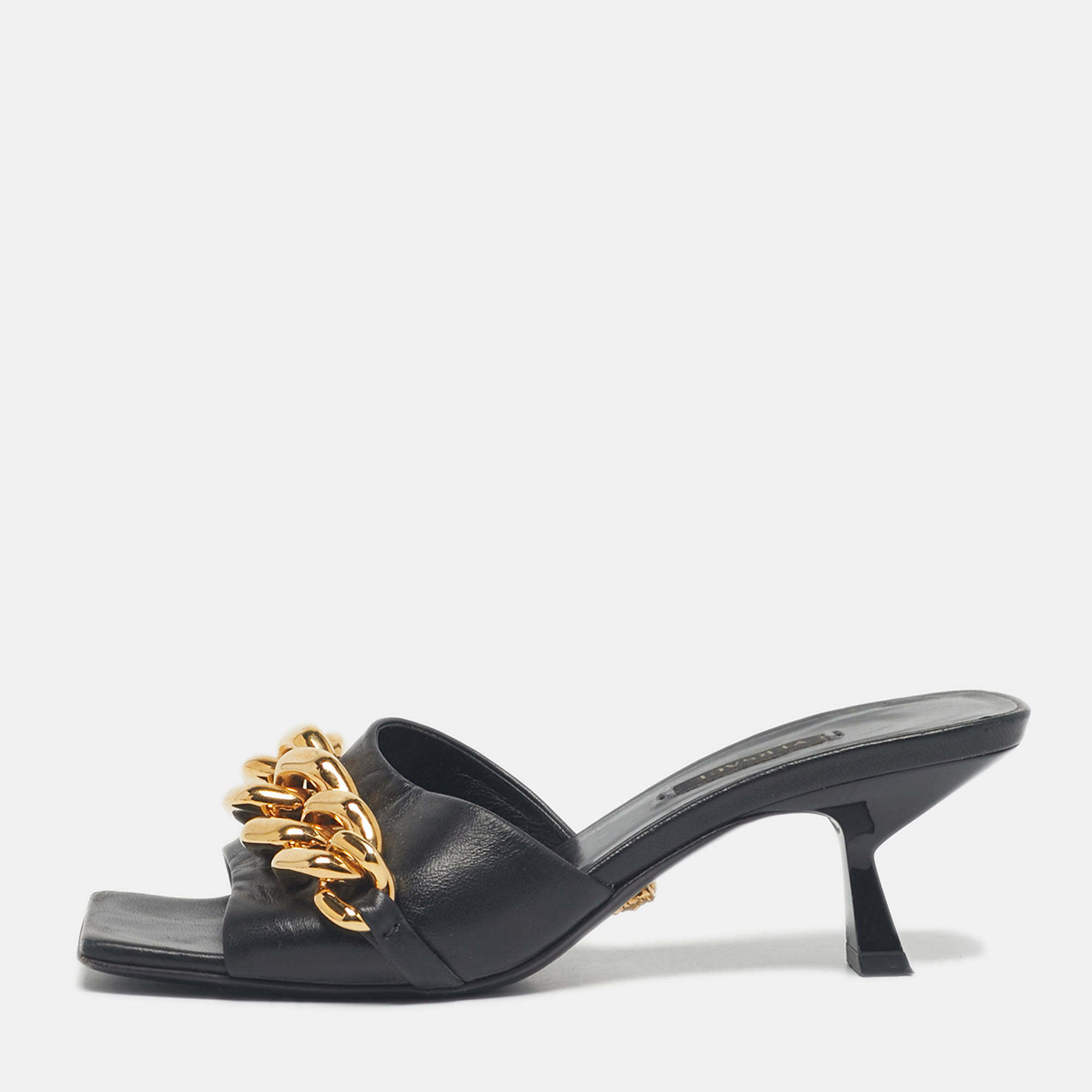 

Versace Black Leather Medusa Chain Link Slide Sandals Size