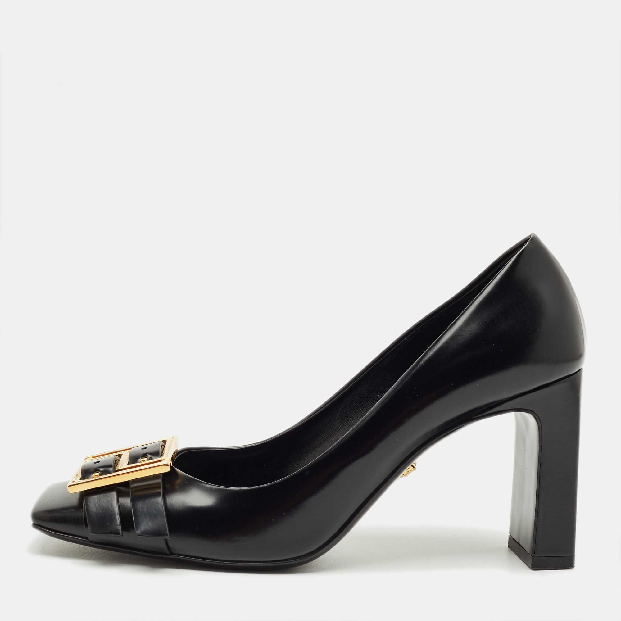 Pre-owned Versace Black Leather Block Heel Pumps Size 38.5