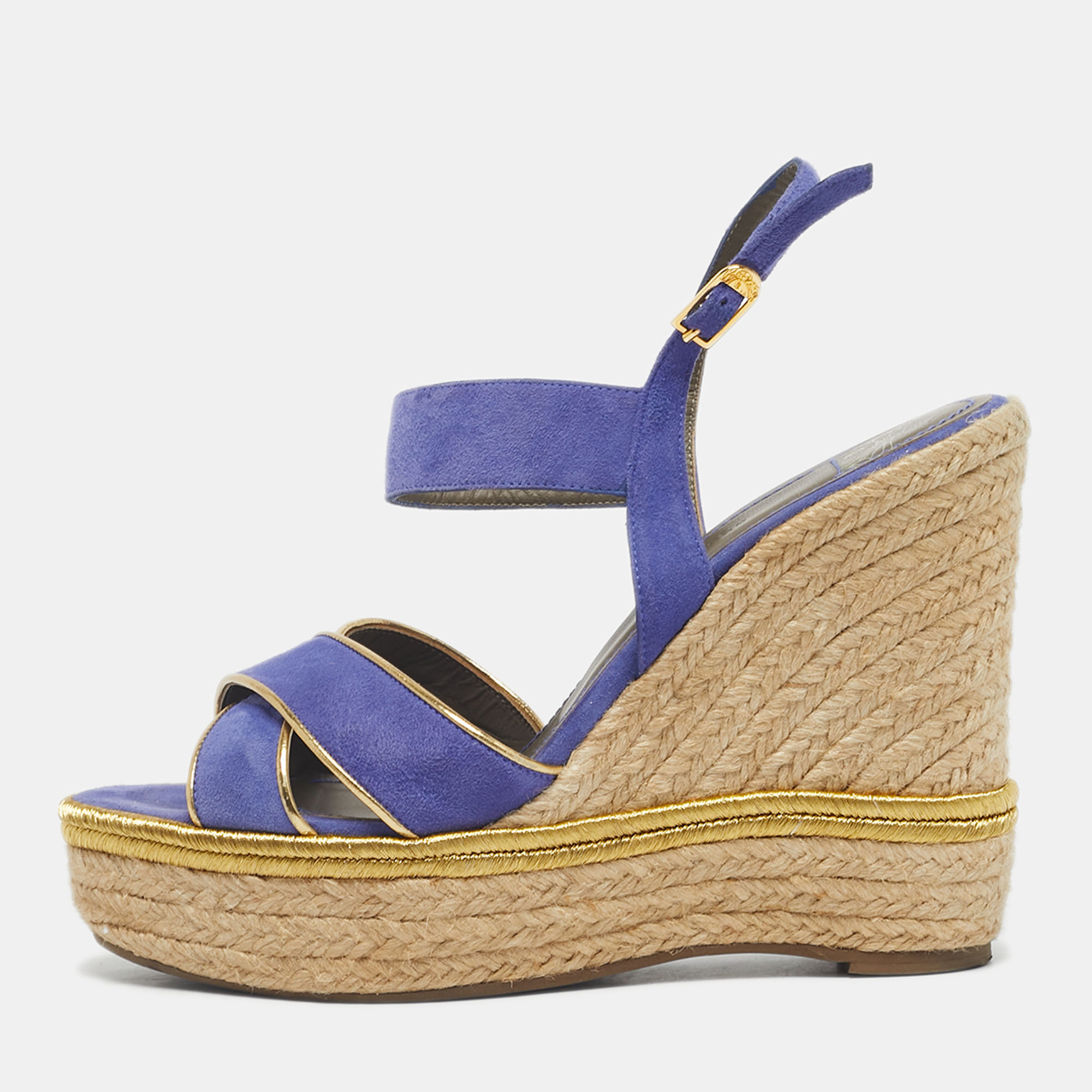 

Versace Blue Suede Espadrille Strappy Wedge Sandals Size