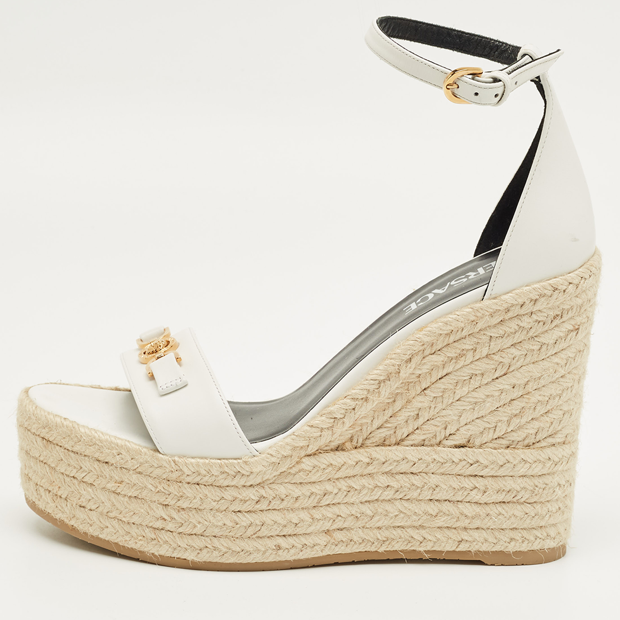 

Versace White Leather Medusa Espadrille Wedge Sandals Size