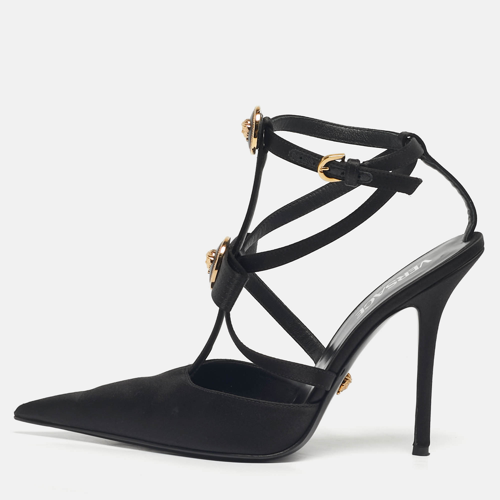 

Versace Black Satin Ribbon Cage Ankle Strap Pumps Size
