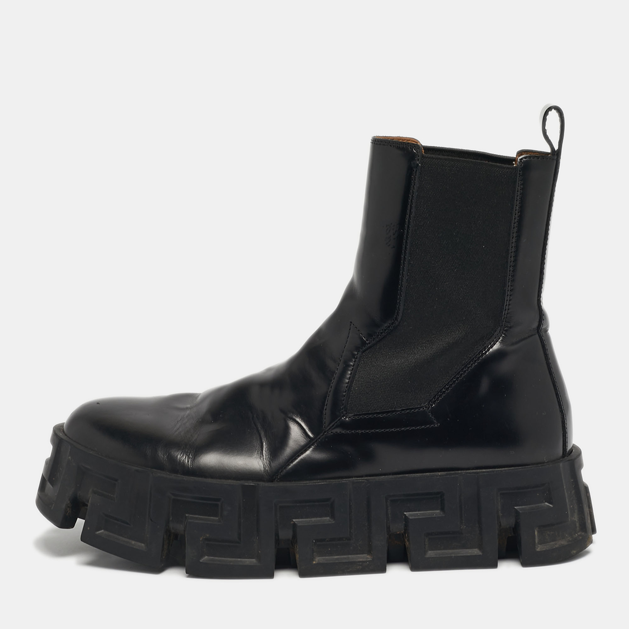 

Versace Greca Size  Black Leather Ankle Length Boots