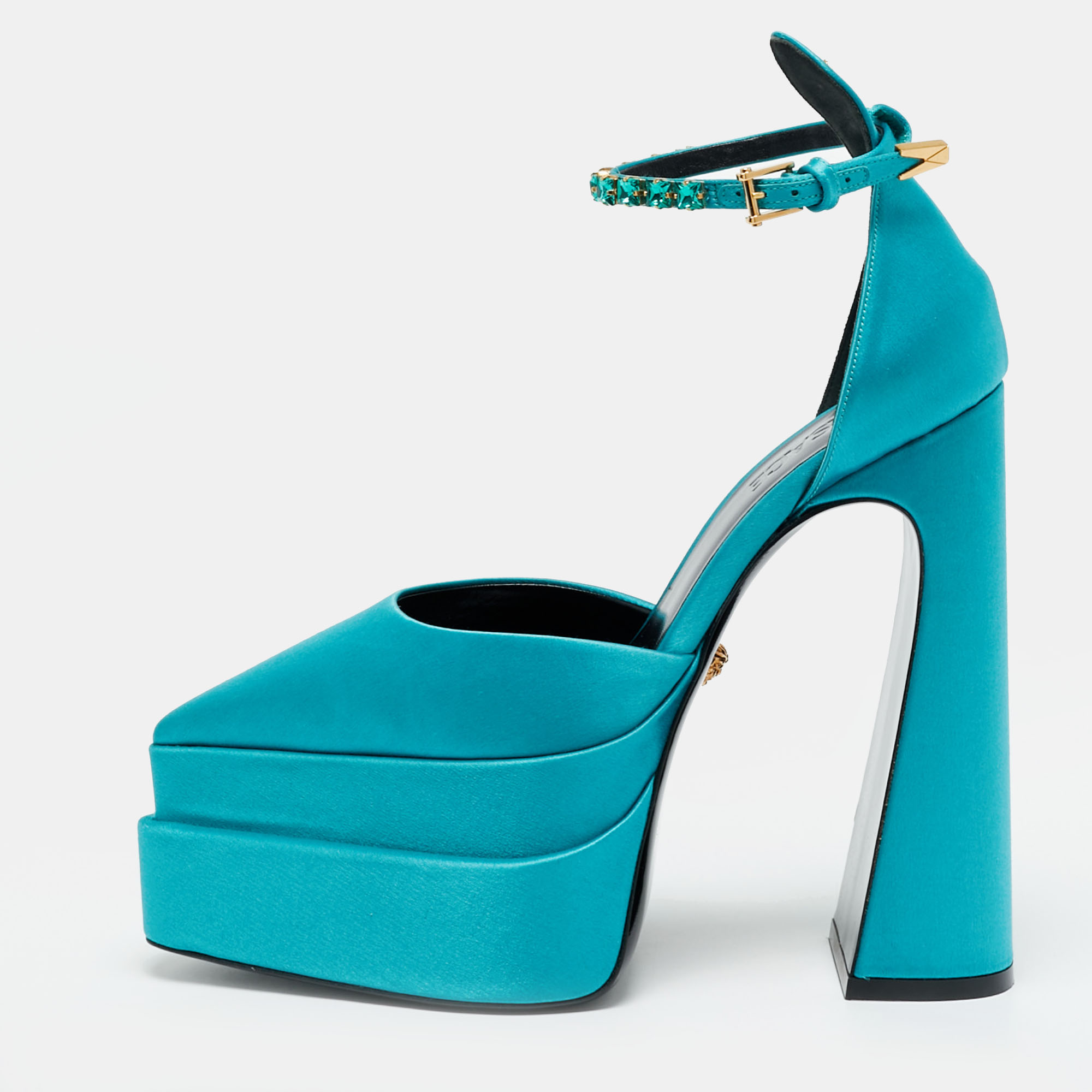 

Versace Medusa Crystal Size  Teal Green Satin Platform Pumps