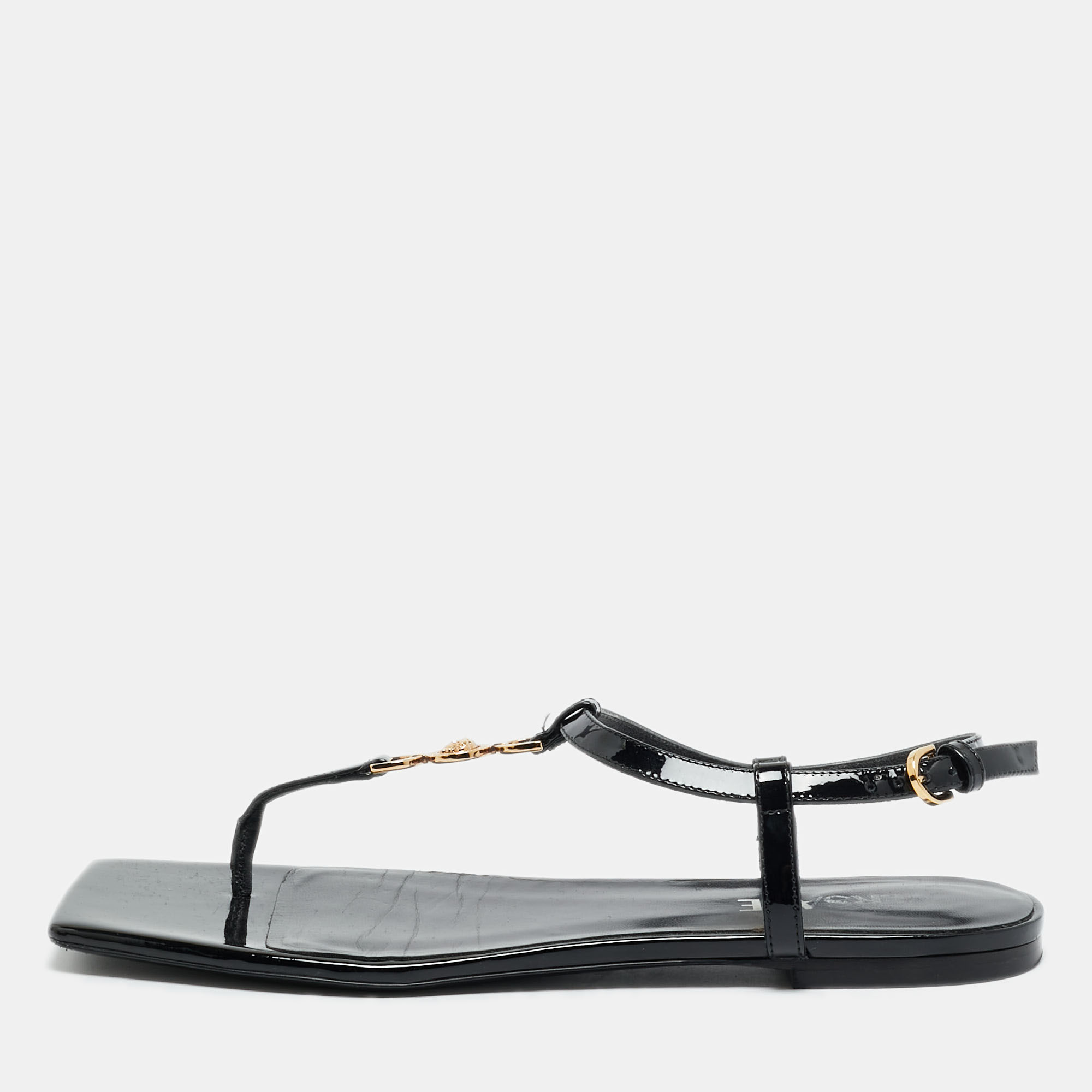 

Versace Medusa Size  Black Patent Leather Thong Flat Sandals