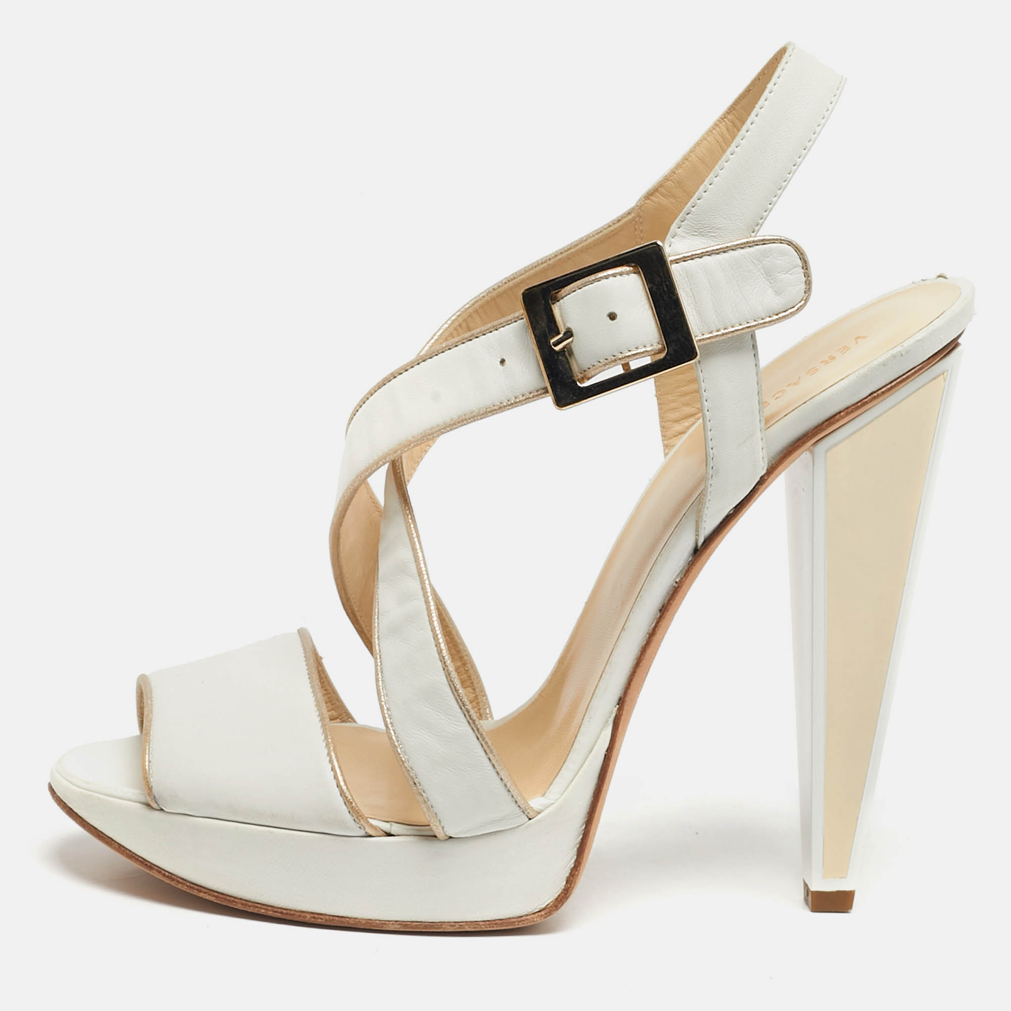 Click to view more detailed imagery on our partner's website Pre-owned Versace Size 40 White Leather Strappy Platform Sandals
