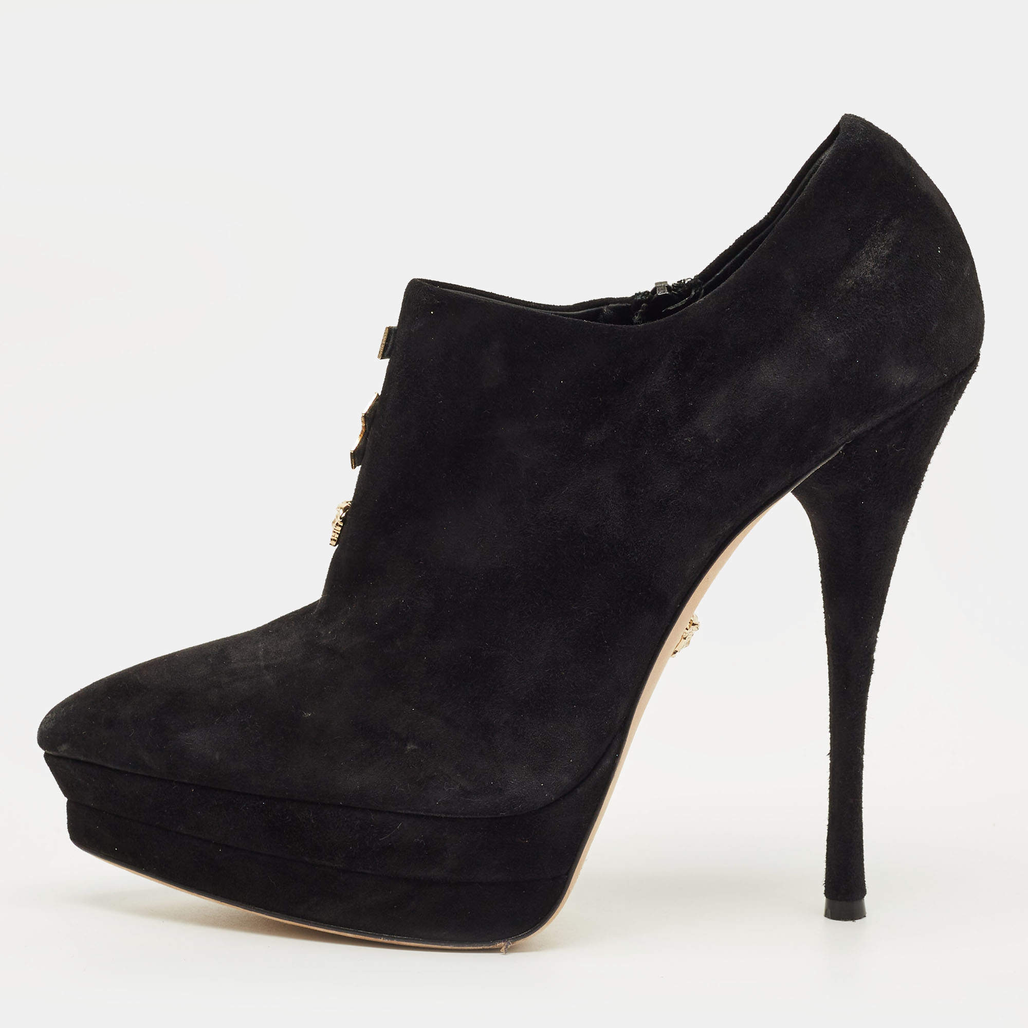 Pre-owned Versace Medusa Size 41 Black Suede Pointed Toe Platform Booties