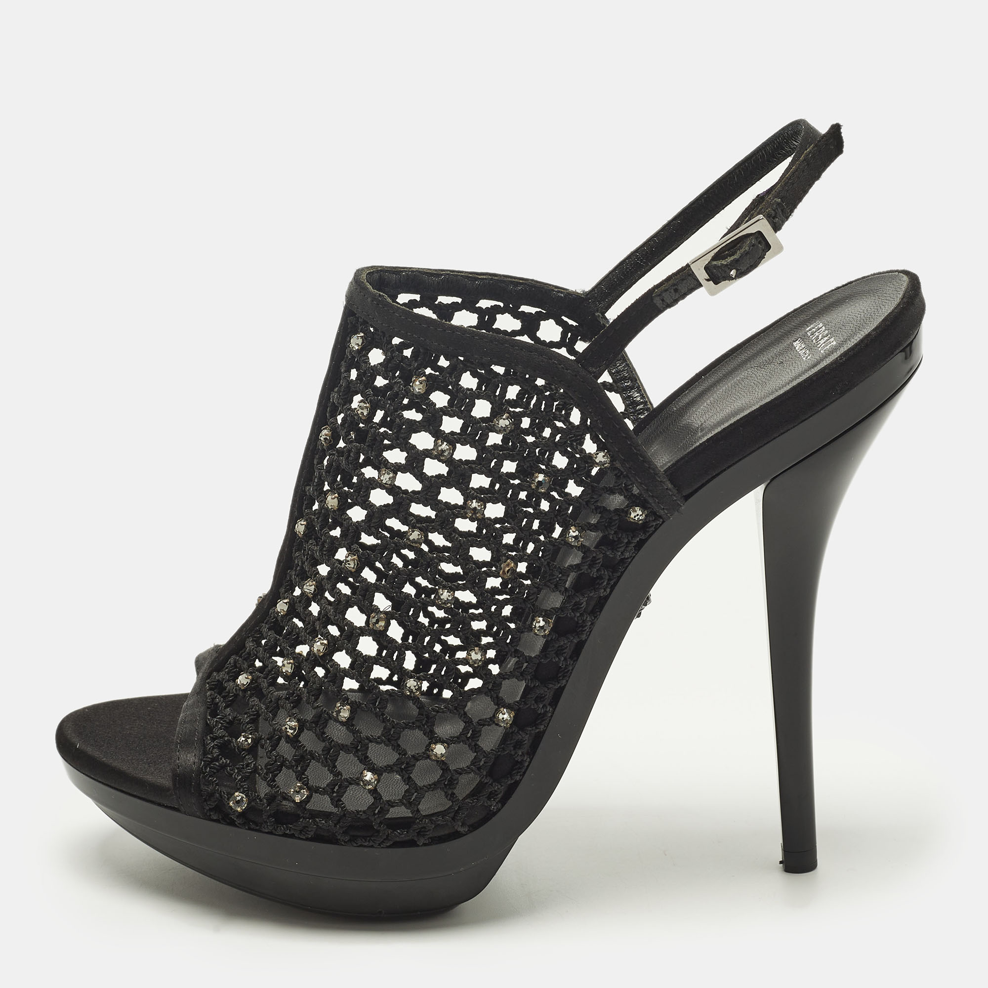 Click to view more detailed imagery on our partner's website Pre-owned Versace Size 40 Black Mesh And Satin Rhinestone Embellished Open Toe Ankle Strap Sandals