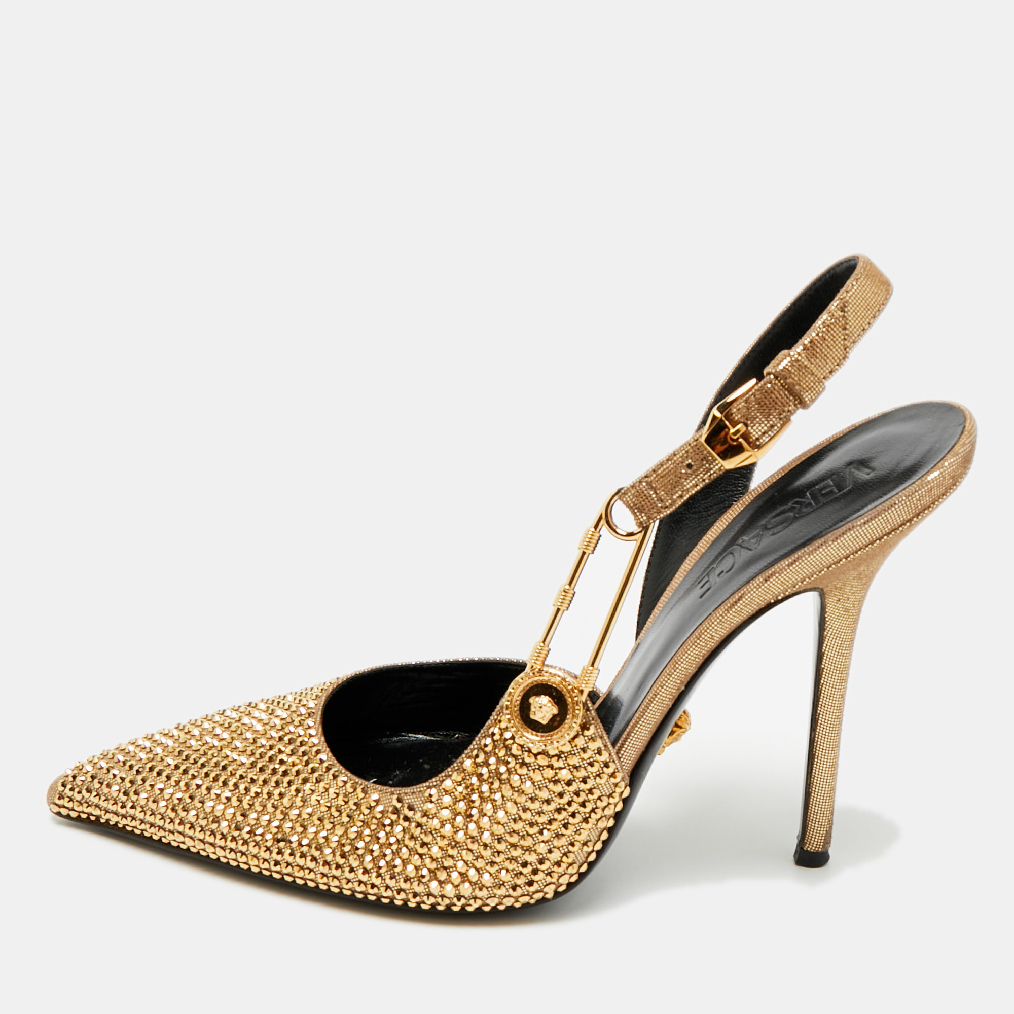 Click to view more detailed imagery on our partner's website Pre-owned Versace Safety Pin Size 38 Gold Texture Suede Slingback Pumps