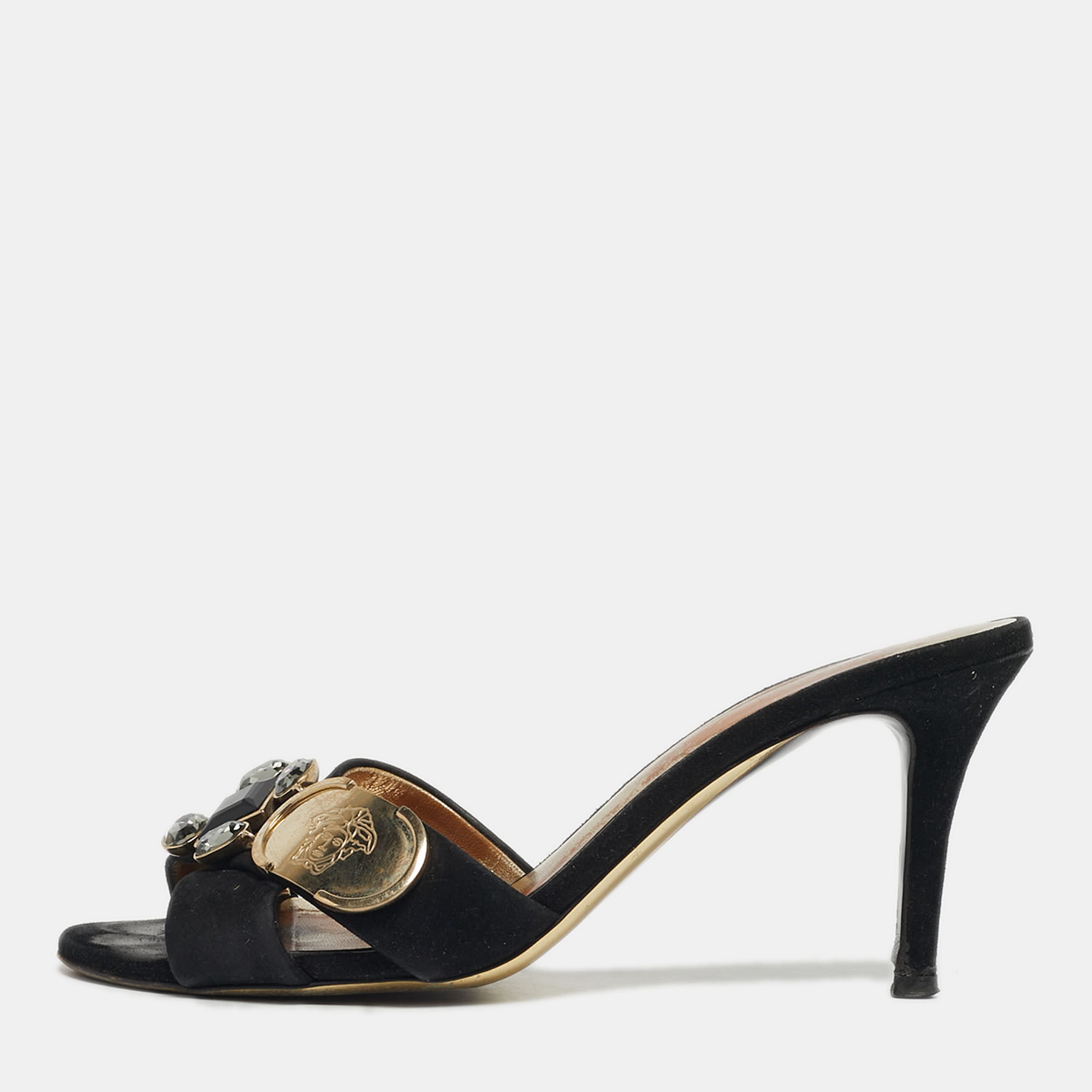 Pre-owned Versace Logo Size 37 Black Suede Crystal Embellished Criss-cross Slide Sandals