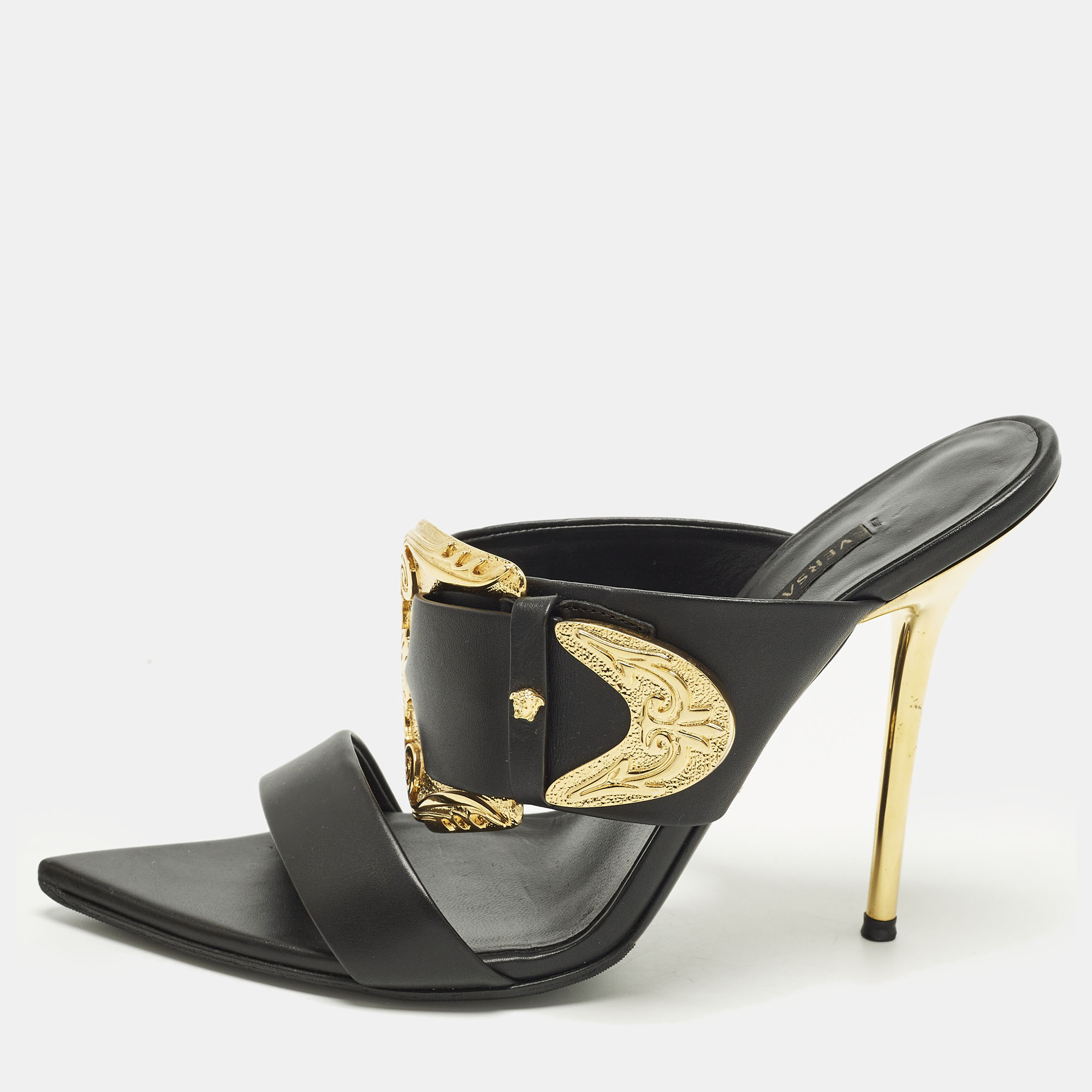 Pre-owned Versace Medusa Insignia Size 39 Black Leather Slide Sandals