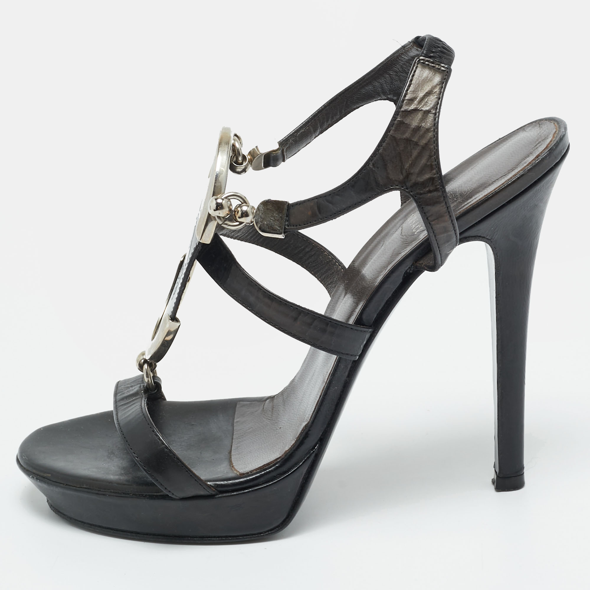 

Versace Medusa Size  Black Leather and Metal Strappy Platform Slingback Sandals