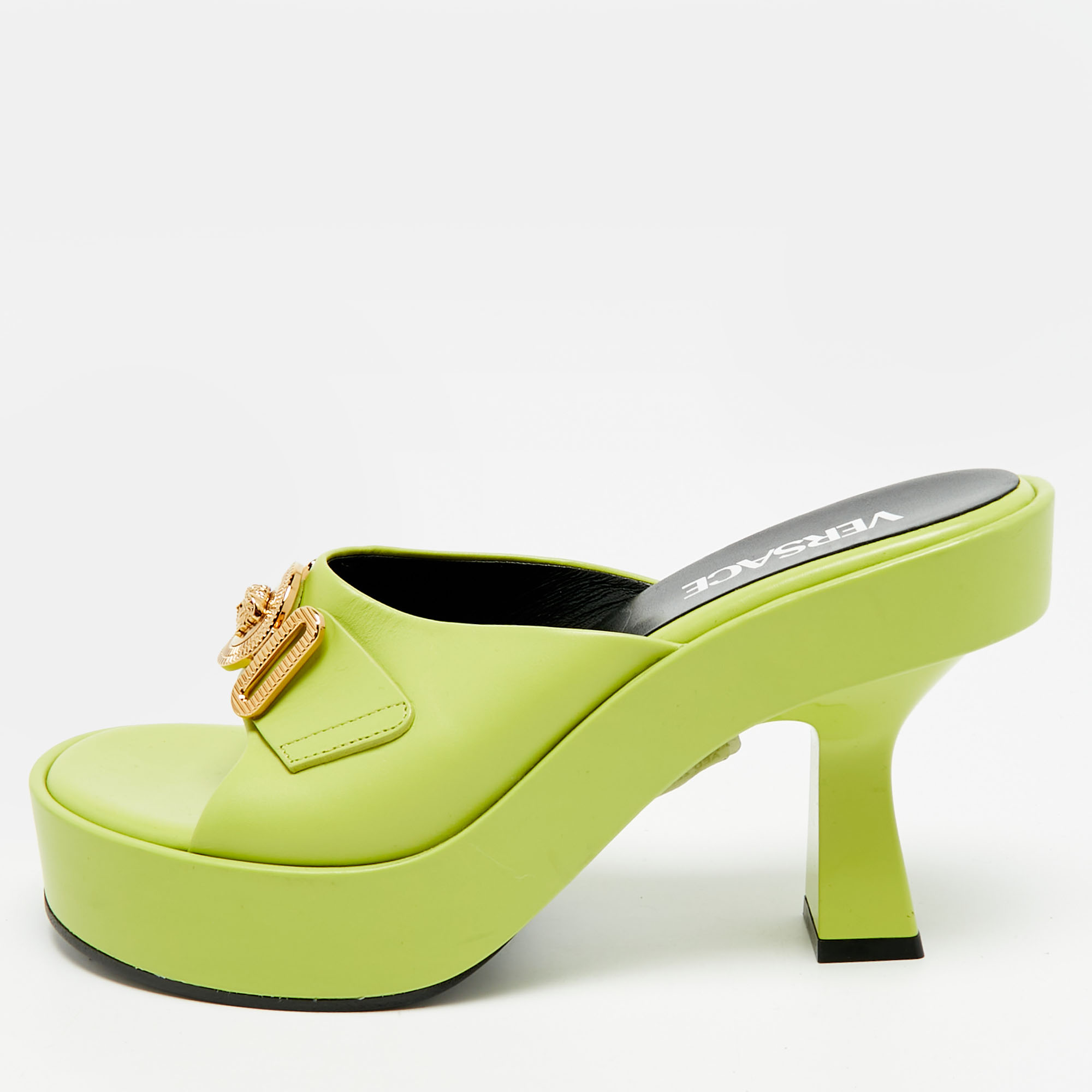 

Versace Biggie Size  Green Leather Platform Sandals