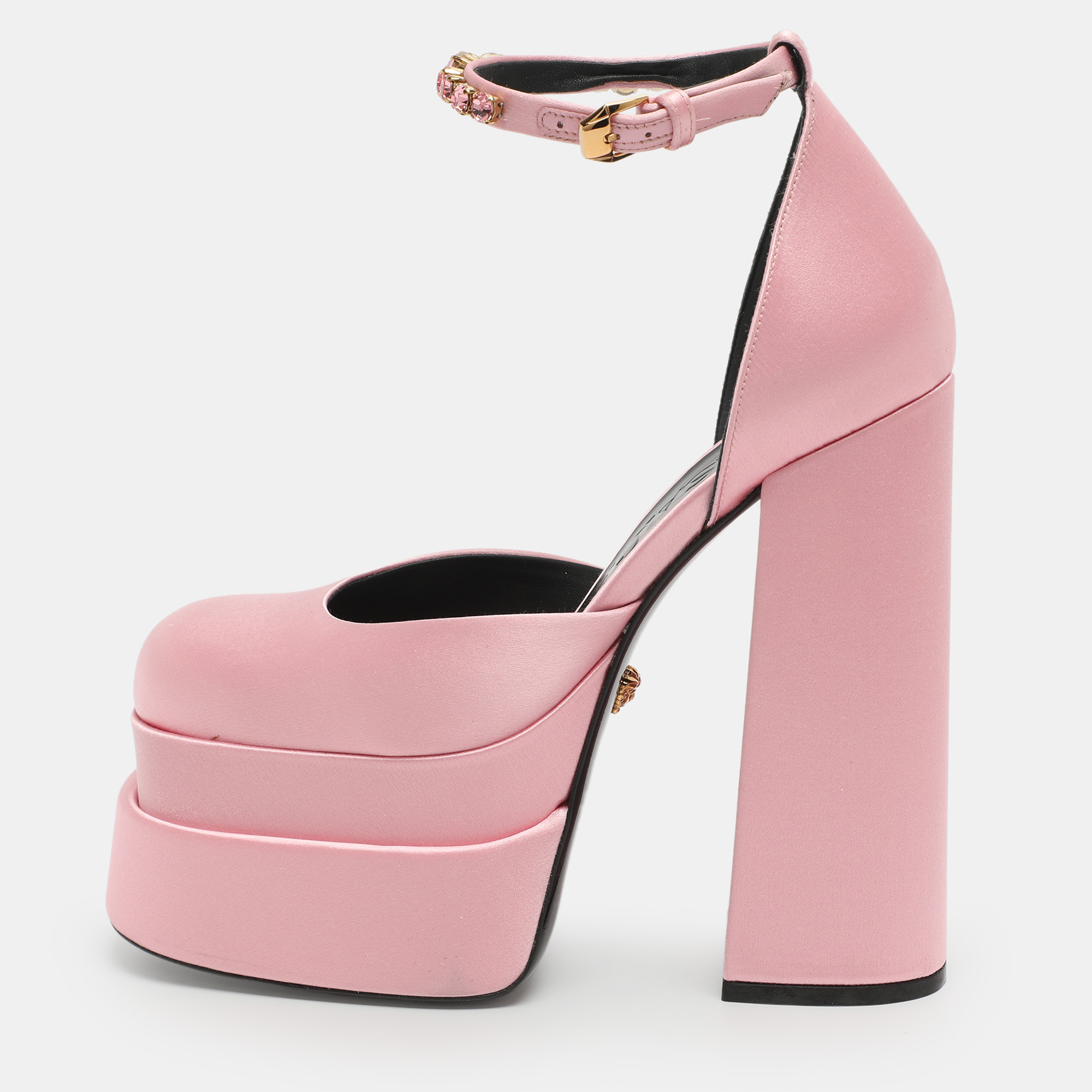 

Versace Aevitas Size  Pink Satin Crystal Embellished Ankle Strap Platform Pumps