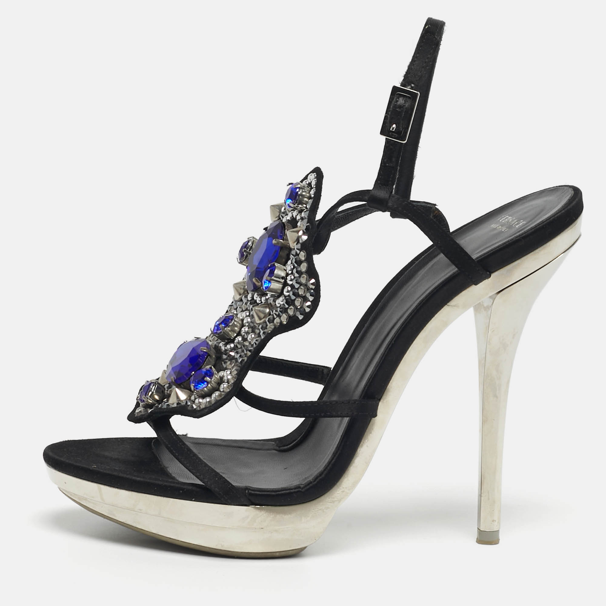 

Versace Size  Black Satin Crystal Embellished Slingback Sandals
