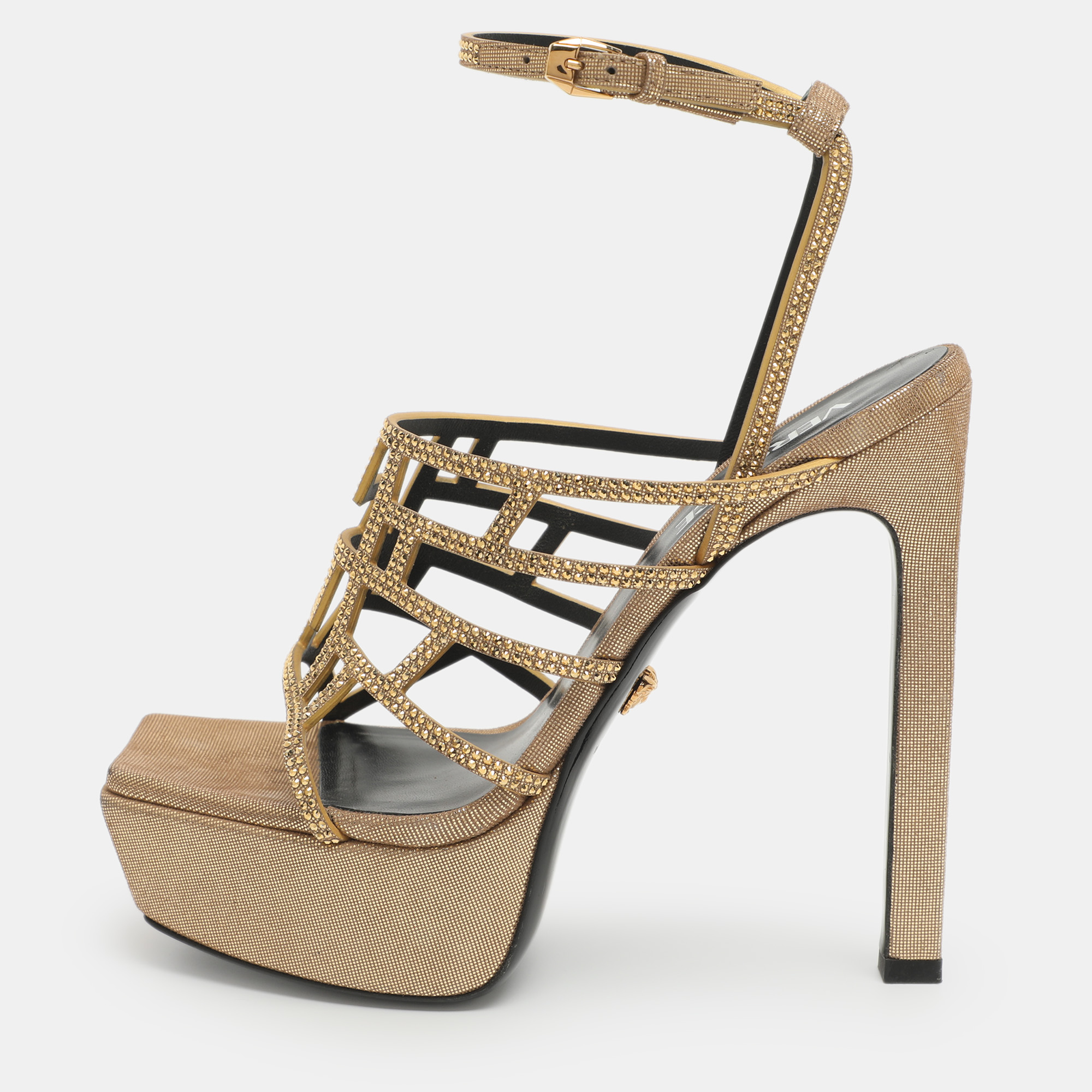 

Versace Greca Maze Size 38 Gold Leather and Rhinestone Platform Sandals