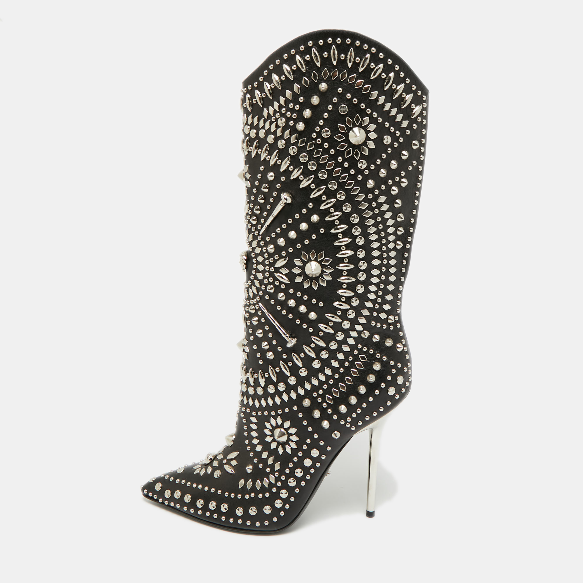 

Versace Size  Black Leather Studded Mid Calf Boots