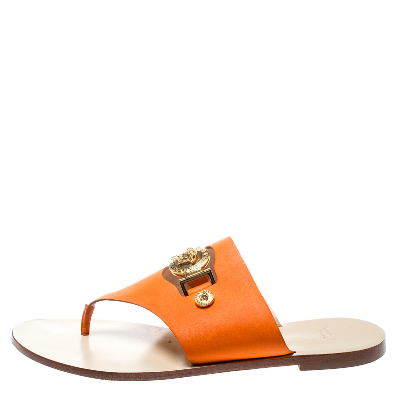 

Versace Orange Leather Medusa Embellished Thong Sandals Size