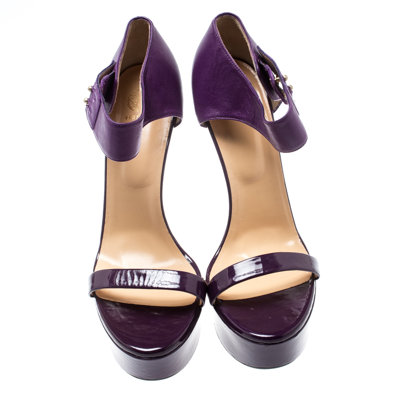 Pre-owned Versace Purple Patent Leather And Leather Ankle Strap Platform Sandals Size 40