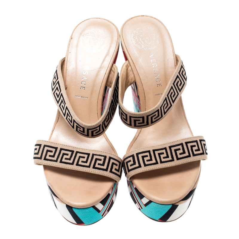 Versace Beige Printed Canvas Wedge Platform Sandals Size 37
