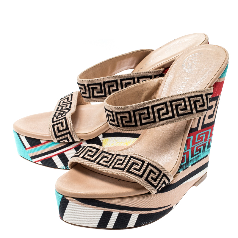 Versace Beige Printed Canvas Wedge Platform Sandals Size 37