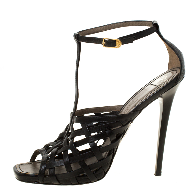 

Versace Black Leather Strappy Sandals Size