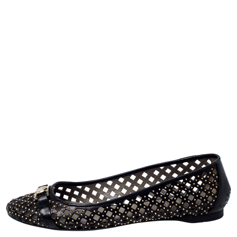 

Versace Black Perforated Leather Embellished Ballet Flats Size