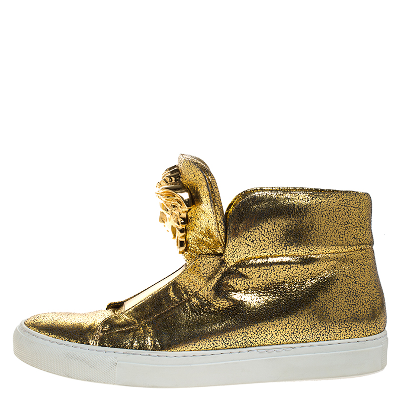 

Versace Metallic Gold Crackle Leather Medusa High Top Sneakers Size, White