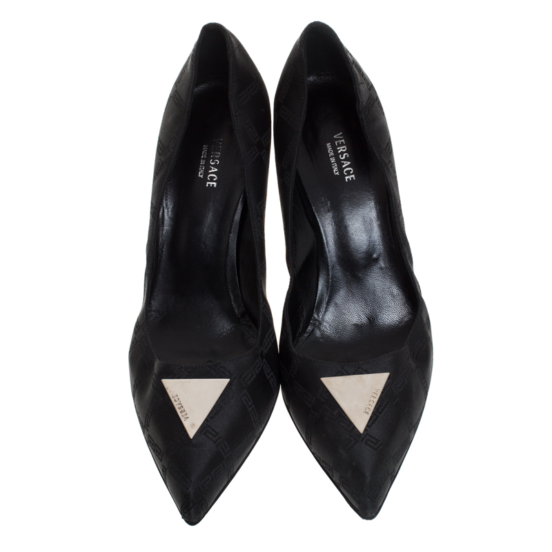 Pre-owned Versace Black Signature Canvas Pointed Toe Pumps Size 40