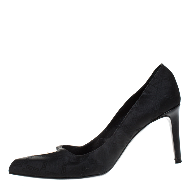 Pre-owned Versace Black Signature Canvas Pointed Toe Pumps Size 40