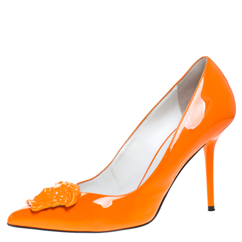 Pre-owned Versace Orange Patent Leather Palazzo Pointed Toe Pumps Size 40