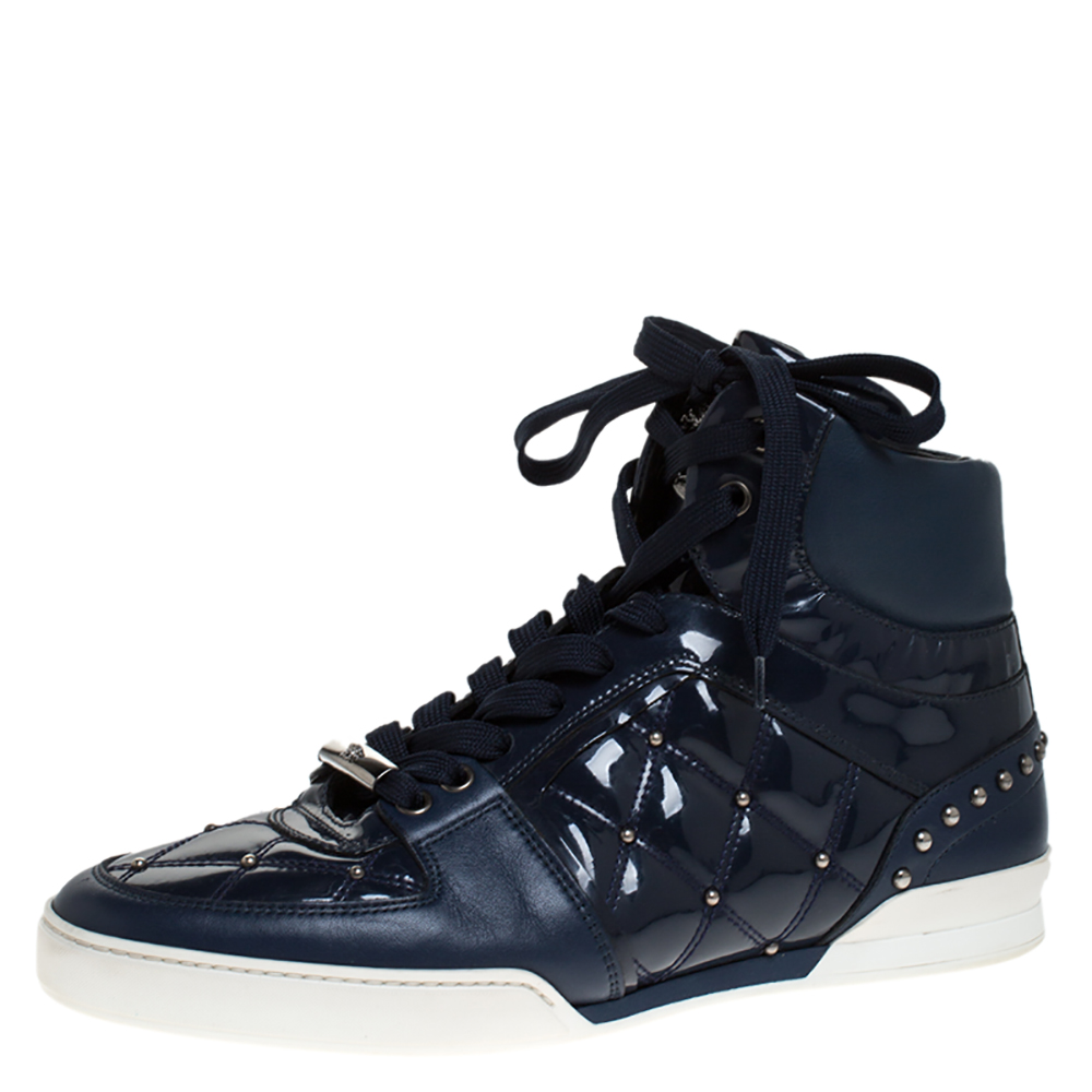 Pre-owned Versace Blue Leather And Patent Leather Medusa High Top Sneakers Size 39