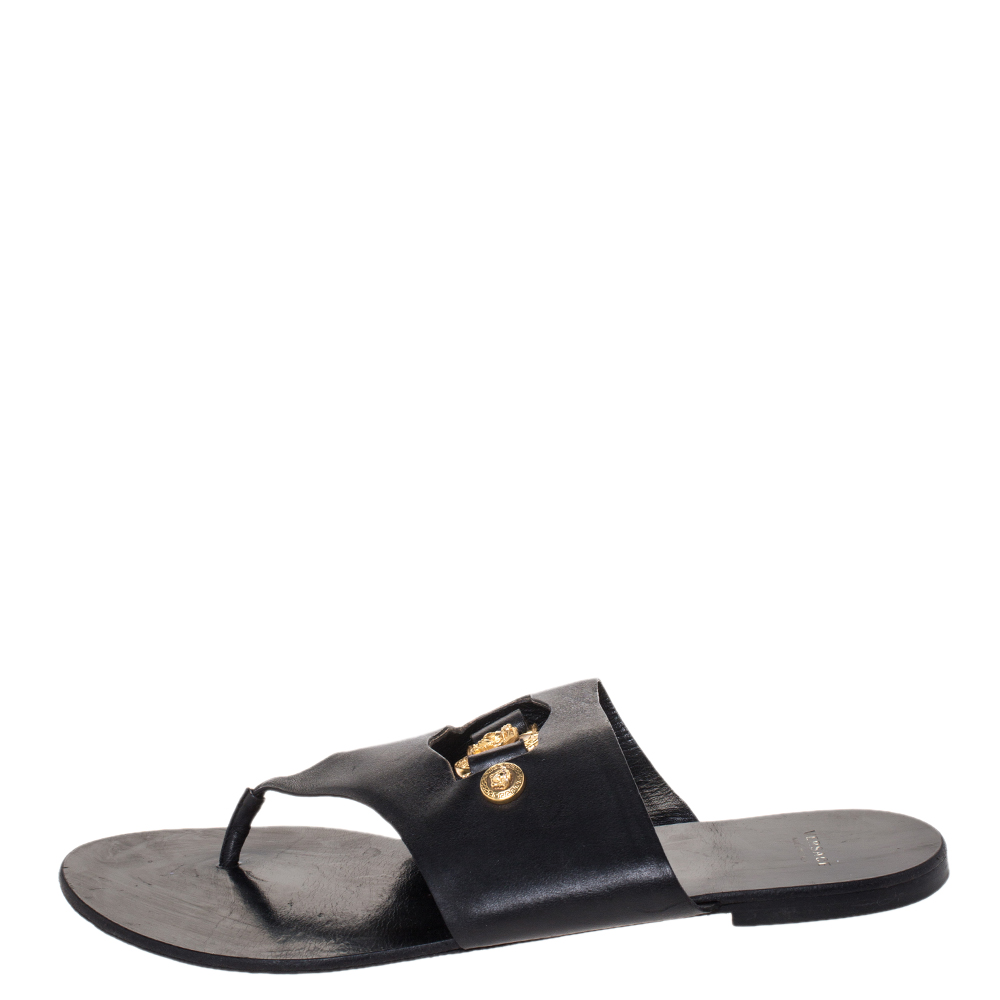 

Versace Black Leather Medusa Detail Thong Flats Slides Size