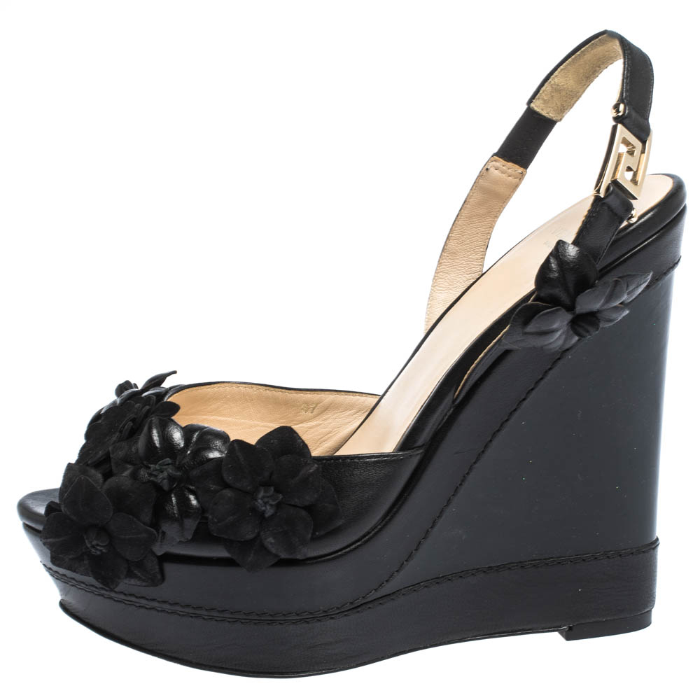 

Versace Black Leather And Suede Flower Embellished Wedge Platform Slingback Sandals Size