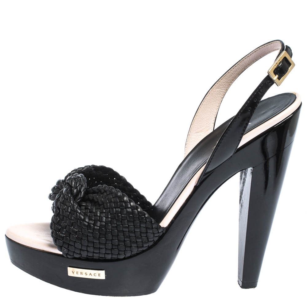 

Versace Black Woven Knot Leather And Patent Slingback Platform Sandals Size