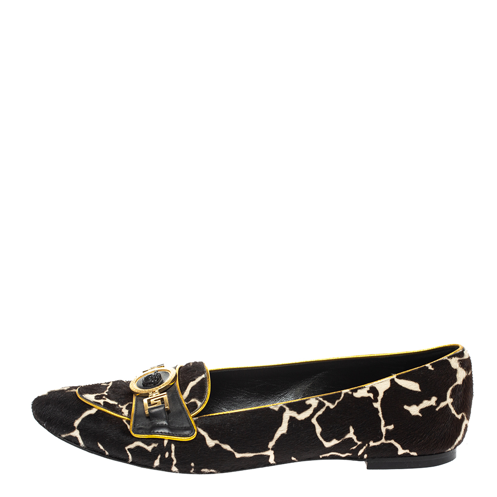 

Versace Brown/White Leopard Print Calfhair and Leather Flats Size