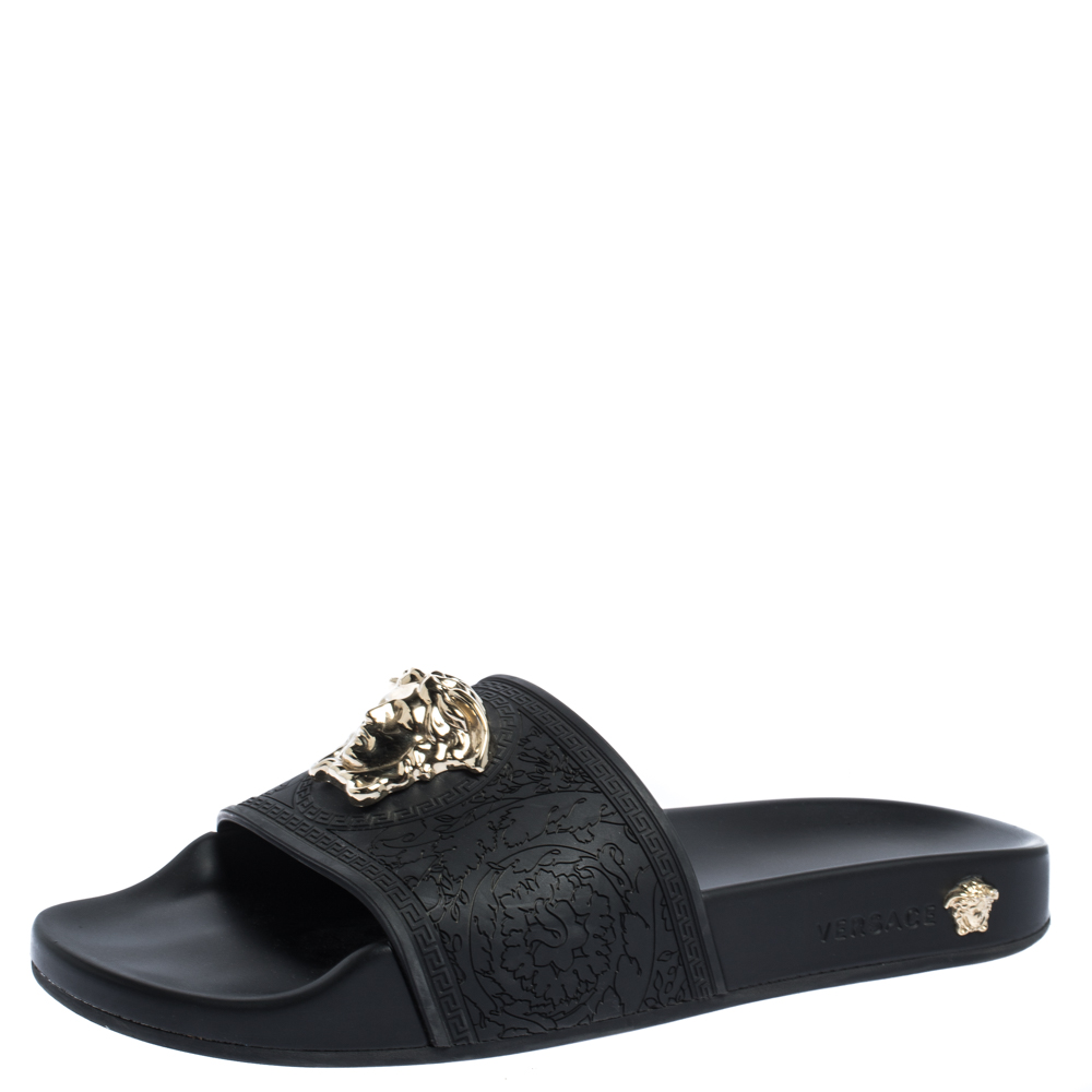 Pre Owned Versace Black Rubber Medusa Flat Slides Size 36