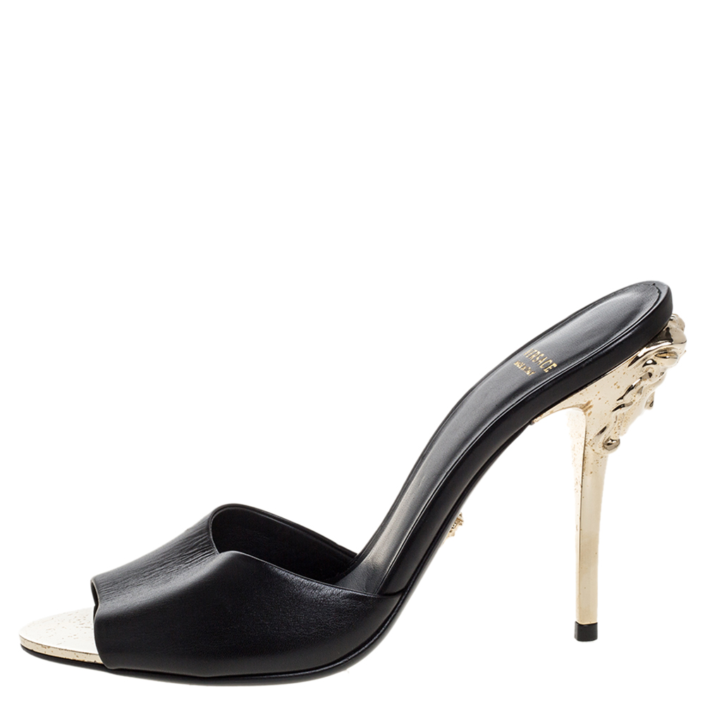 

Versace Black Leather Medusa Heel Slide Sandals Size