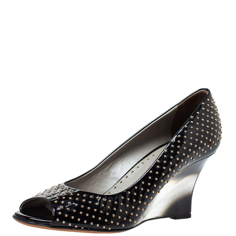 

Versace Black Patent Studded Peep Toe Pumps Size