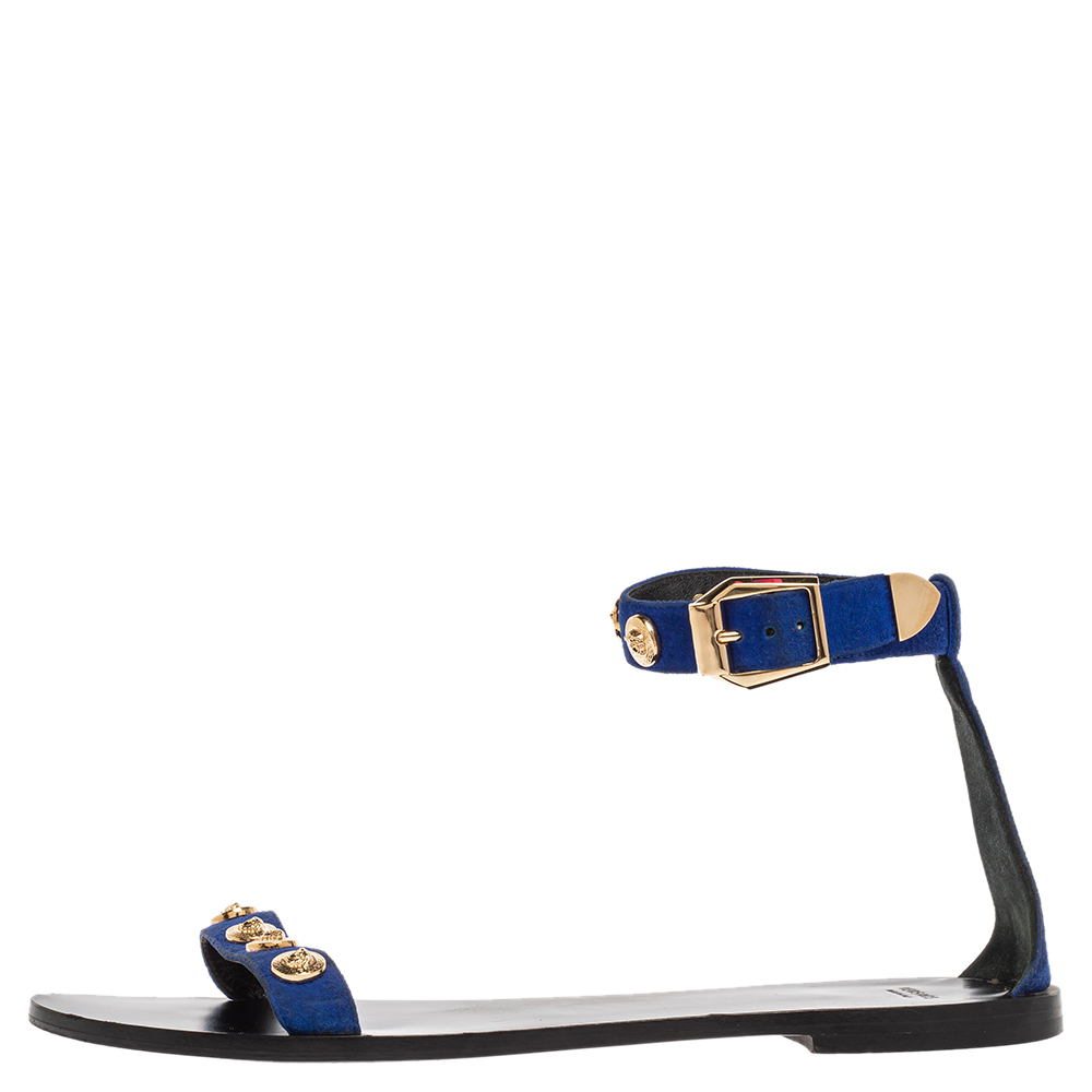 

Versace Blue/Black Suede Medusa Stud Ankle Strap Flat Sandals Size
