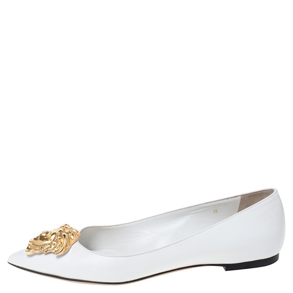 

Versace White Leather Medusa Pointed Toe Ballet Flats Size