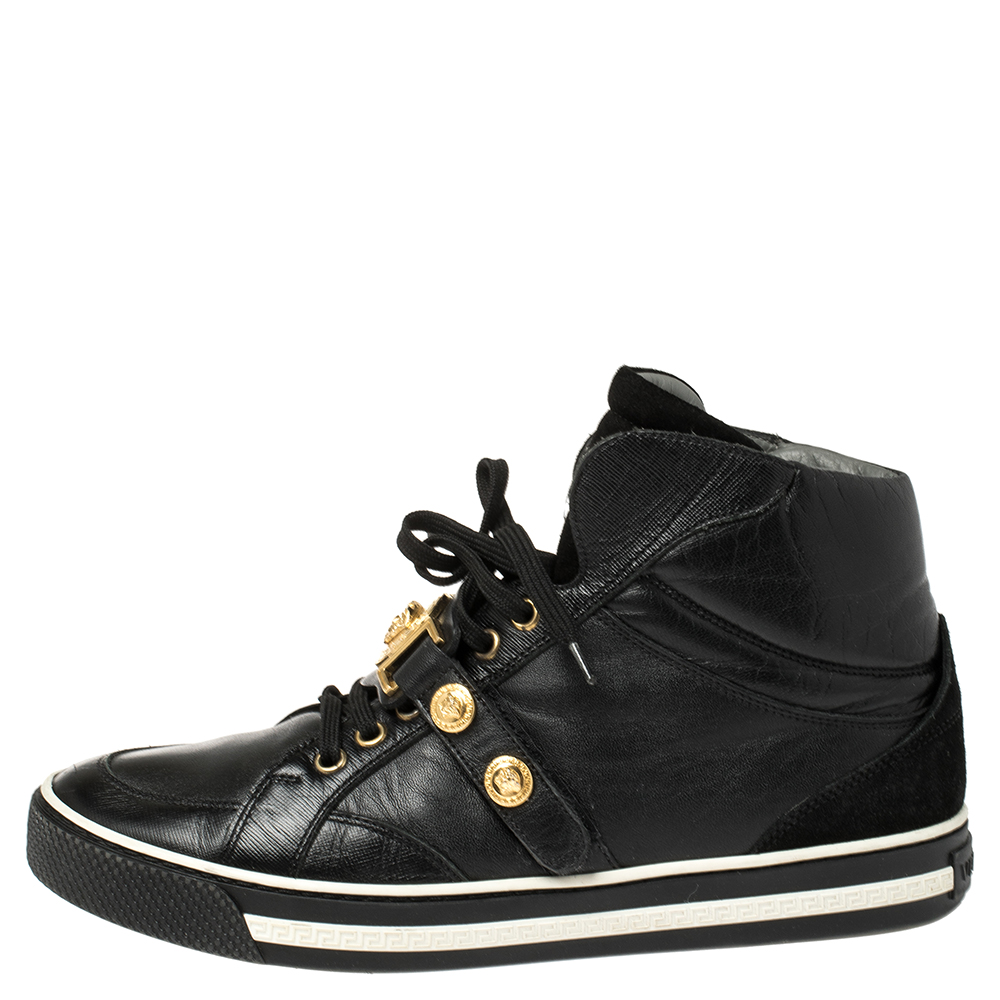 

Versace Black Leather And Suede Medusa Strap High Top Sneakers Size