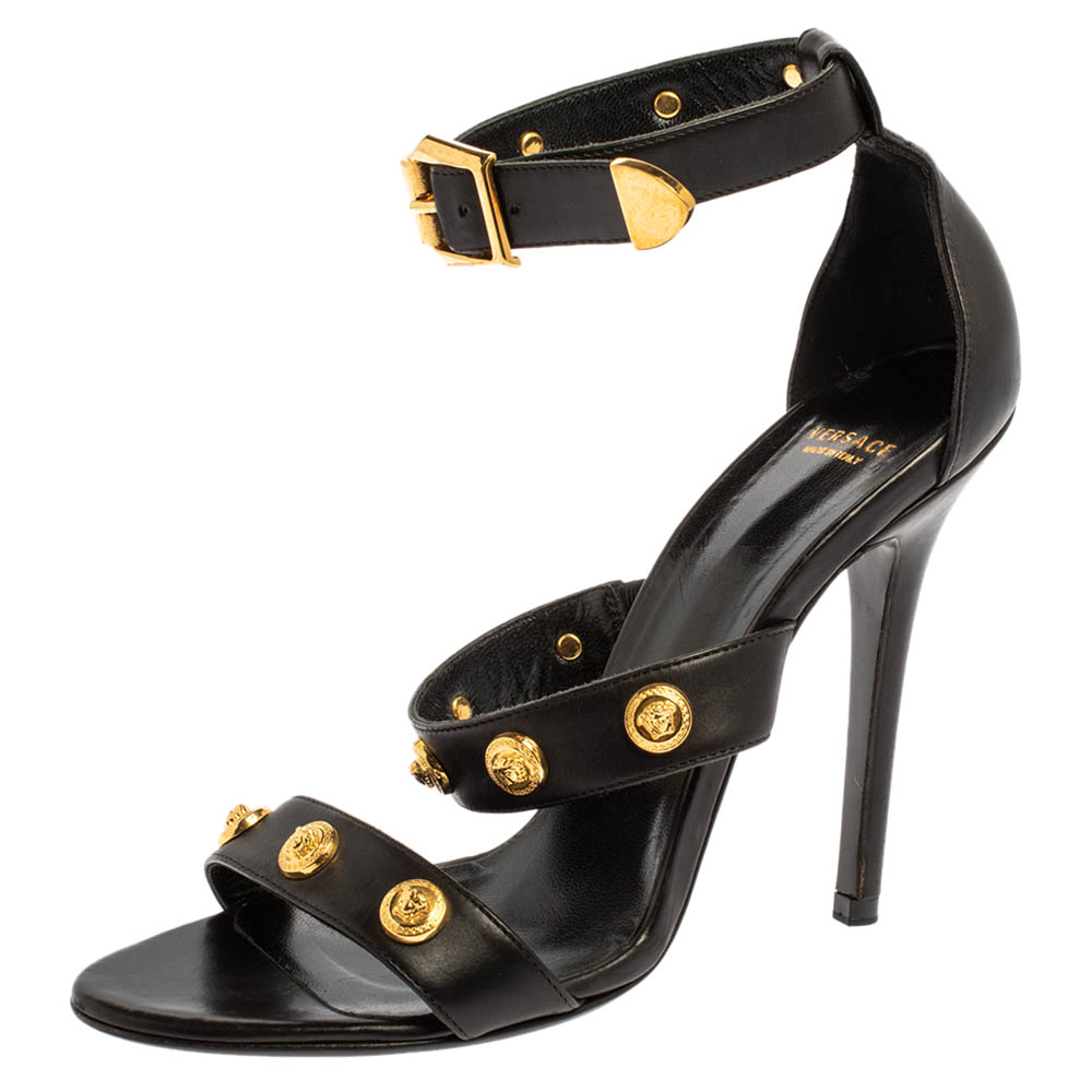 Versace Black Leather Medusa Studded Ankle Cuff Open Toe Sandals Size 37.5