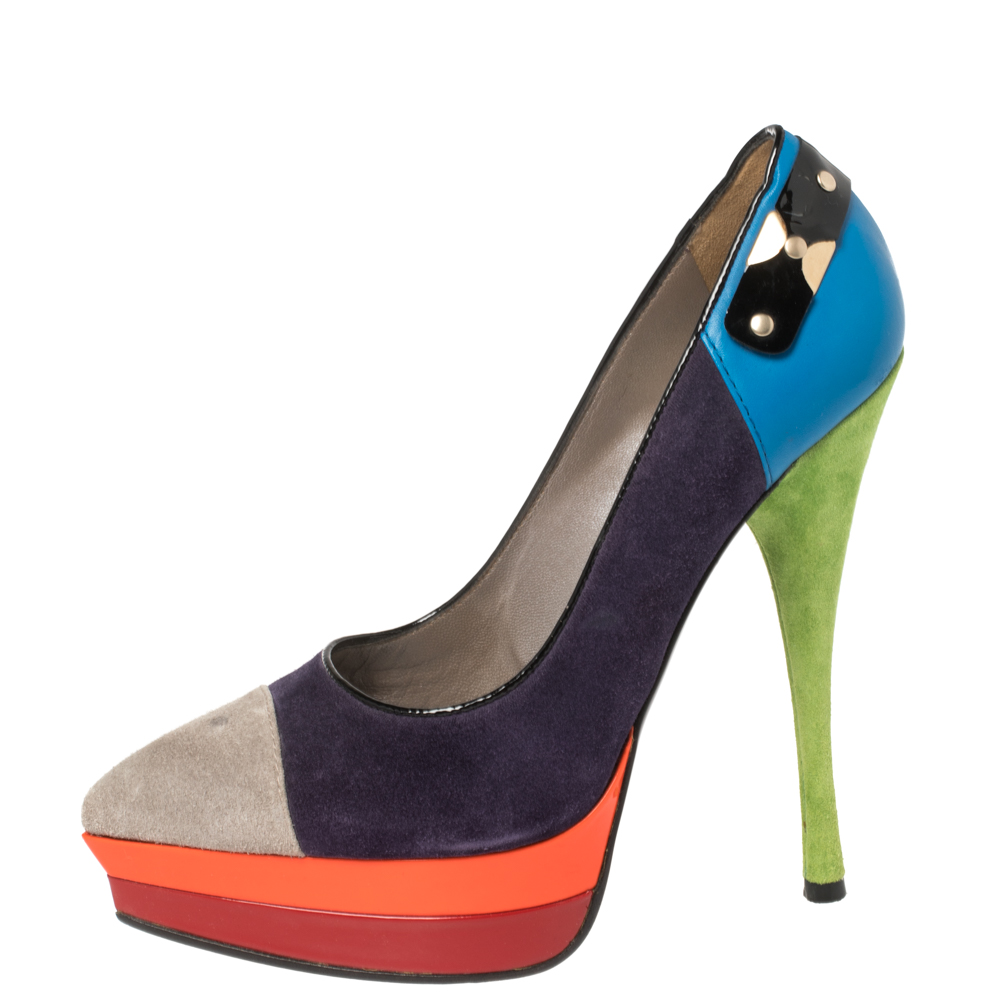 

Versace Multicolor Block Suede and Leather Pointed Toe Platform Pumps Size