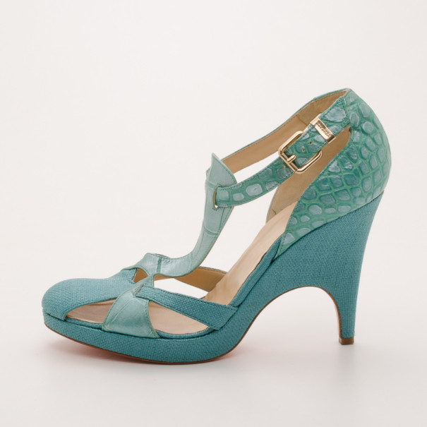 Pre-owned Versace Teal Raffia Croc Stamped Wedge Sandals Size 39.5 In Green