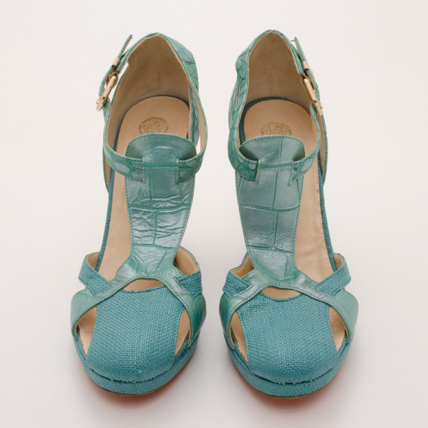 Pre-owned Versace Teal Raffia Croc Stamped Wedge Sandals Size 39.5 In Green