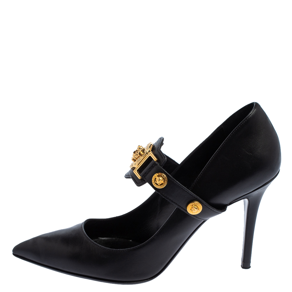 

Versace Black Leather Medusa Embellished Mary Jane Pumps Size