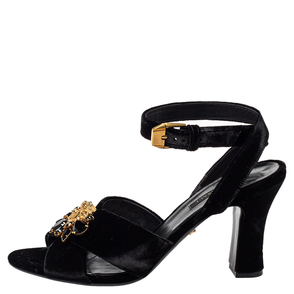 

Versace Black Velvet Medusa Embellished Criss Criss Ankle Strap Sandals Size