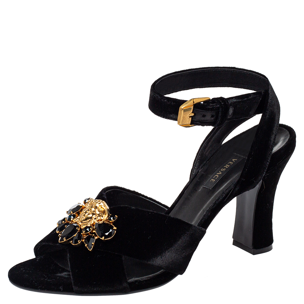 Pre-owned Versace Black Velvet Medusa Embellished Criss Criss Ankle Strap Sandals Size 39.5