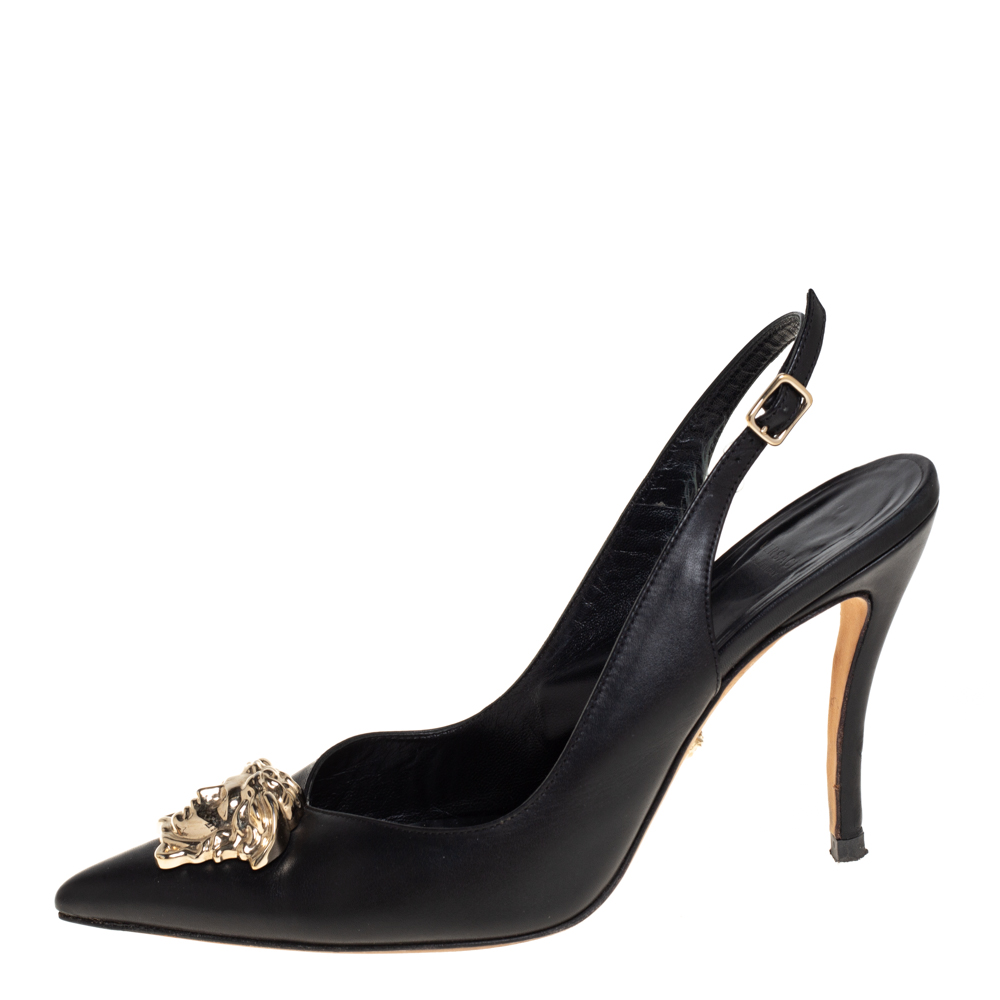 

Versace Black Leather Palazzo Medusa Slingback Pumps Size