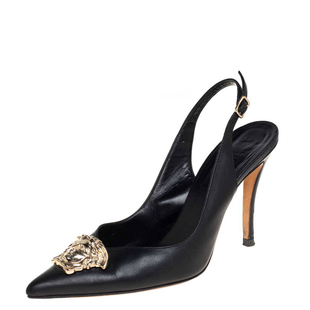 Pre-owned Versace Black Leather Palazzo Medusa Slingback Pumps Size 37.5